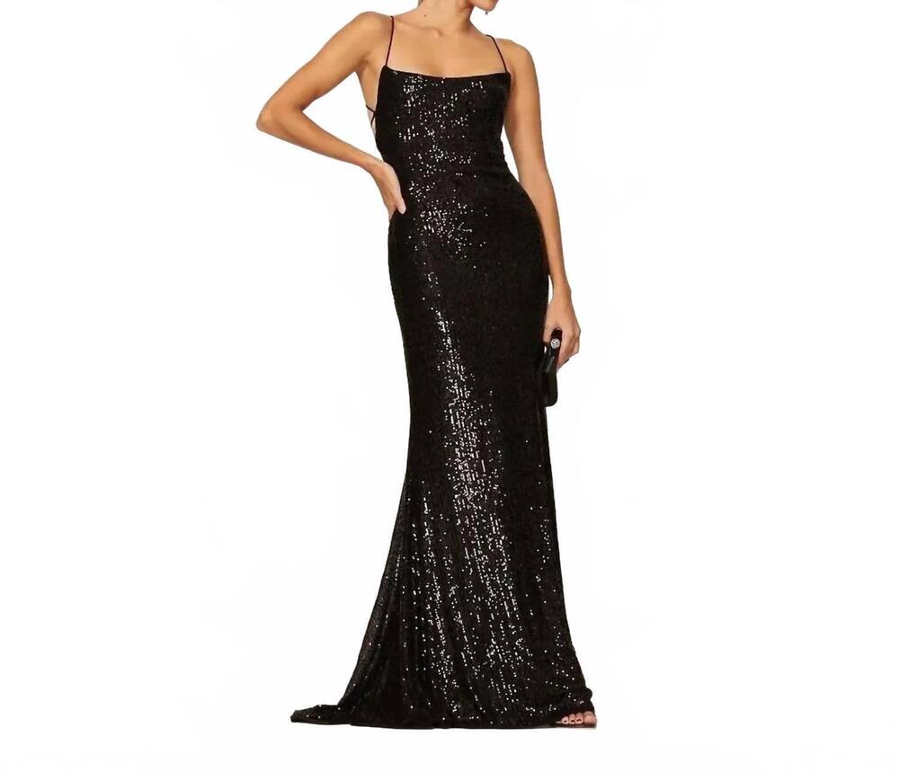 NEW IEENA FOR MAC DUGGAL stretch sequin lace up evening gown in black